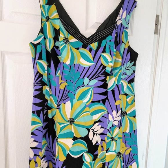 🌺 Jones New York Floral Midi Dress - Black, Purple, Green - Picture 1 of 5